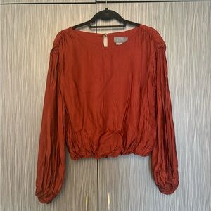Anthropologie Rust Long-Sleeve Blouse - Lightweight Gathered Hem Sz Small